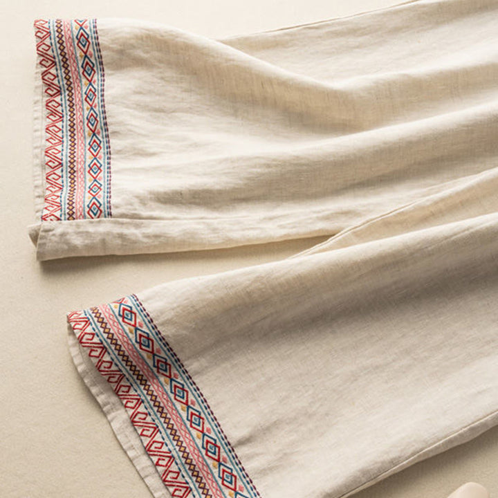 Buddha Stones Casual Embroidery Bohemian Pattern Drawstring Cotton Linen Women's Wide Leg Pants With Pockets - image 4