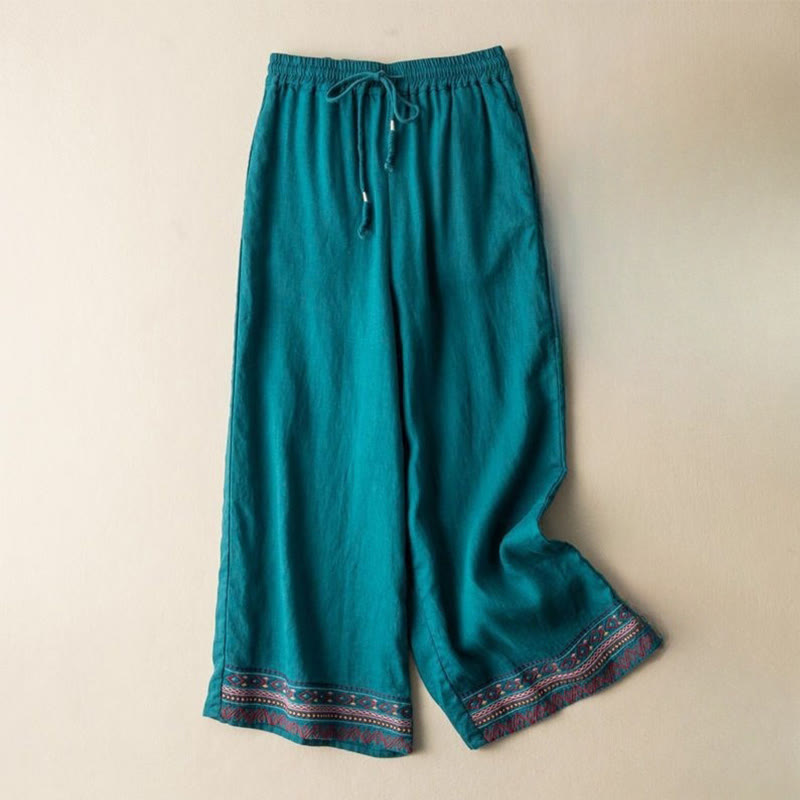Buddha Stones Casual Embroidery Bohemian Pattern Drawstring Women's Wide Leg Pants With Pockets - LightSeaGreen - US12，UK/AU16，EU44 (XL) - image 5