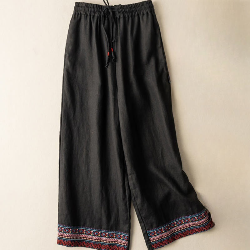 Buddha Stones Casual Embroidery Bohemian Pattern Drawstring Women's Wide Leg Pants With Pockets - Black - US12，UK/AU16，EU44 (XL) - image 8