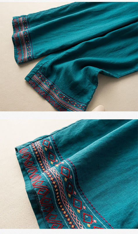 Buddha Stones Casual Embroidery Bohemian Pattern Drawstring Women's Wide Leg Pants With Pockets - image 7
