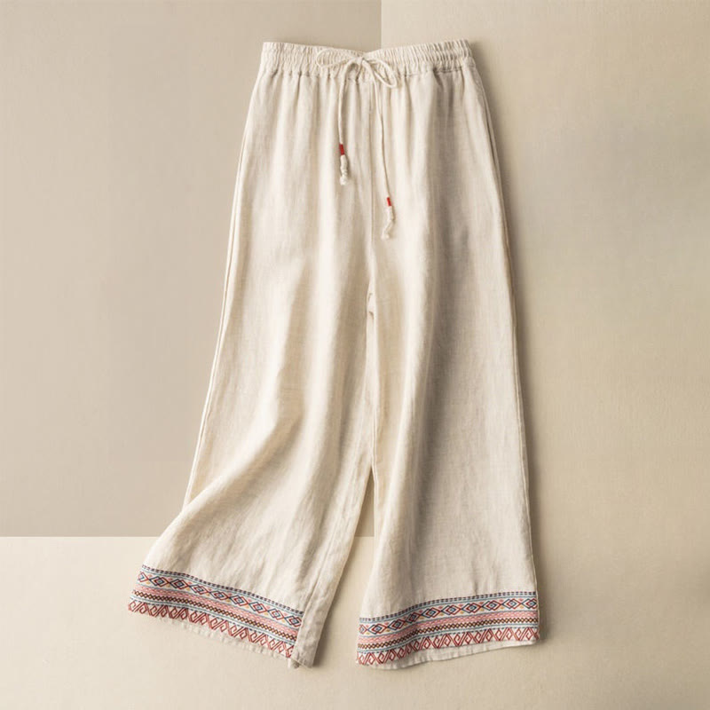 Buddha Stones Casual Embroidery Bohemian Pattern Drawstring Women's Wide Leg Pants With Pockets - Beige - US12，UK/AU16，EU44 (XL) - image 0