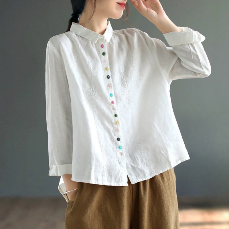 Buddha Stones Spring Embroidery Long Sleeve Colorful Button Label Cotton Linen Women's Shirt - White - US12，UK/AU16，EU44 (2XL) - image 5
