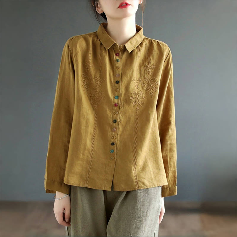 Buddha Stones Spring Embroidery Long Sleeve Colorful Button Label Cotton Linen Women's Shirt - image 2