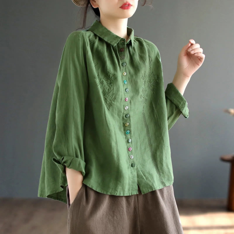 Buddha Stones Spring Embroidery Long Sleeve Colorful Button Label Cotton Linen Women's Shirt - MediumSeaGreen - US12，UK/AU16，EU44 (2XL) - image 9