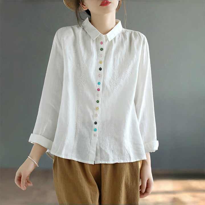 Buddha Stones Spring Embroidery Long Sleeve Colorful Button Label Cotton Linen Women's Shirt - image 7