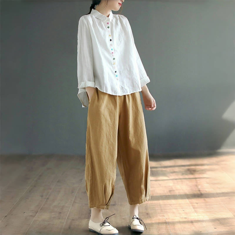 Buddha Stones Spring Embroidery Long Sleeve Colorful Button Label Cotton Linen Women's Shirt - image 8