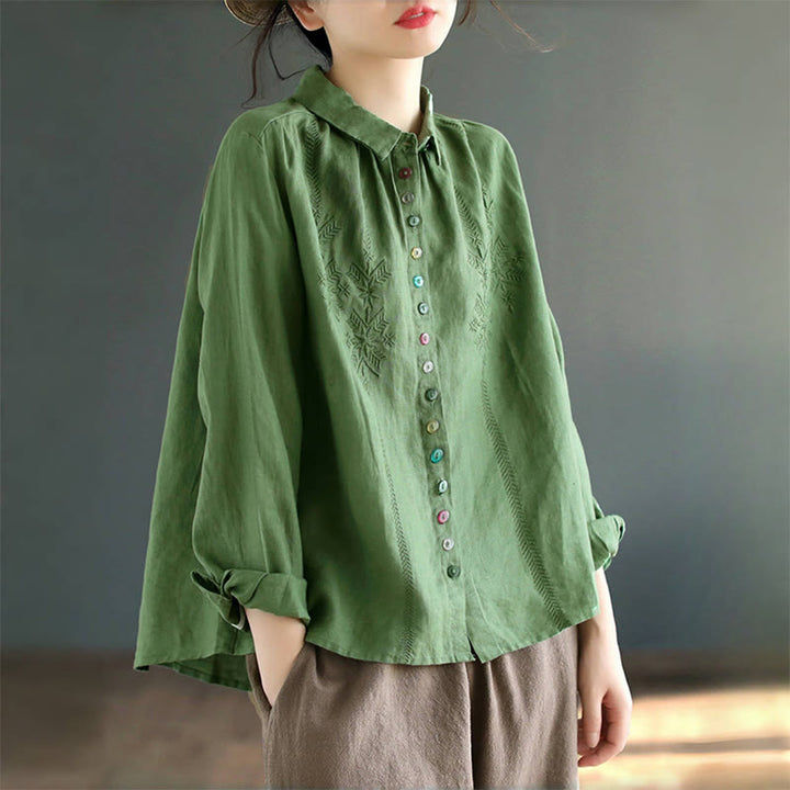 Buddha Stones Spring Embroidery Long Sleeve Colorful Button Label Cotton Linen Women's Shirt - image 11