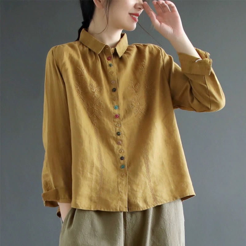 Buddha Stones Spring Embroidery Long Sleeve Colorful Button Label Cotton Linen Women's Shirt - DarkGoldenrod - US12，UK/AU16，EU44 (2XL) - image 0