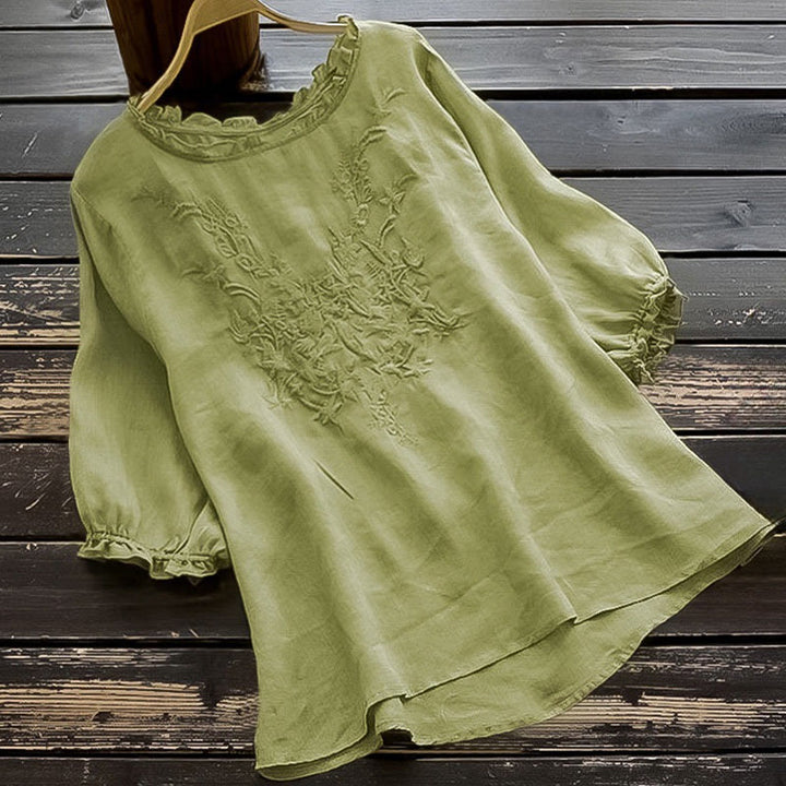 Buddha Stones Casual Embroidery Half Puff Sleeve Ruffles Crew Neck Cotton Linen Women's T-Shirt - LightGreen - US14，UK/AU18，EU46 (4XL) - image 0