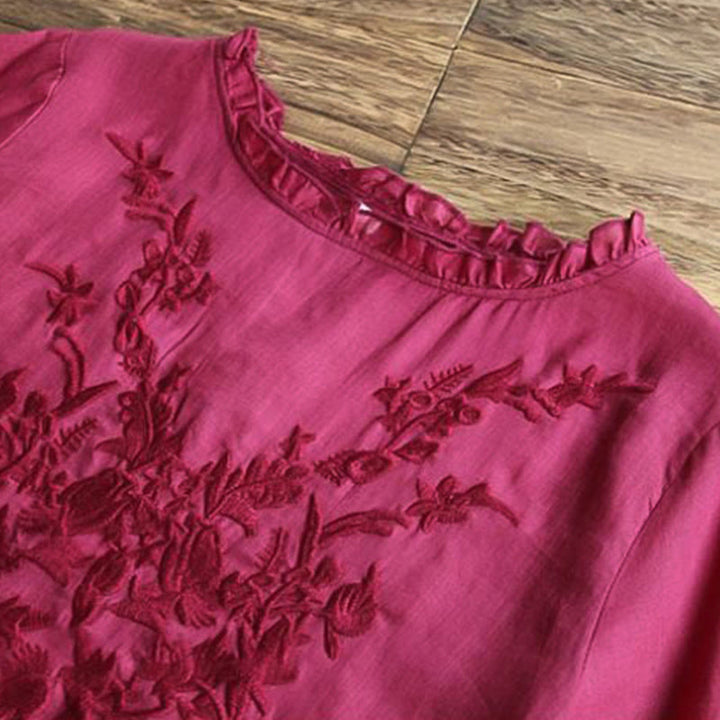 Buddha Stones Casual Embroidery Half Puff Sleeve Ruffles Crew Neck Cotton Linen Women's T-Shirt - image 5