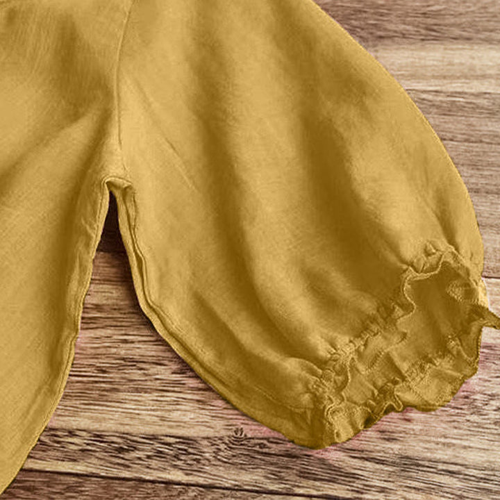 Buddha Stones Casual Embroidery Half Puff Sleeve Ruffles Crew Neck Cotton Linen Women's T-Shirt - image 14