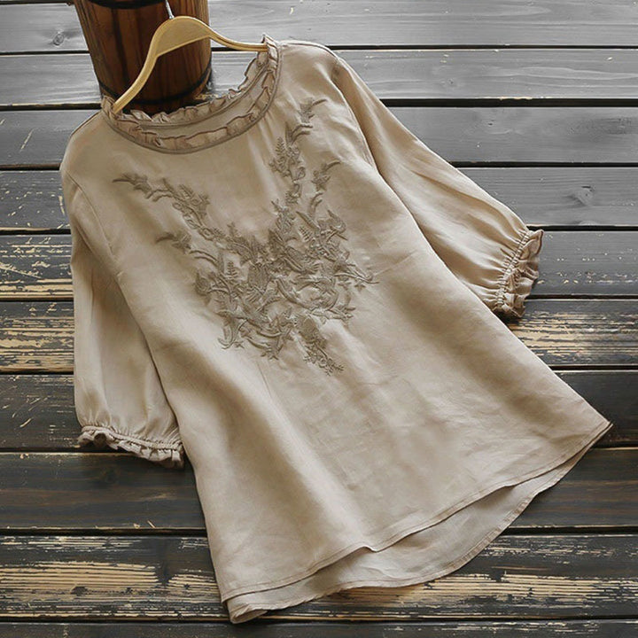 Buddha Stones Casual Embroidery Half Puff Sleeve Ruffles Crew Neck Cotton Linen Women's T-Shirt - Tan - US14，UK/AU18，EU46 (4XL) - image 8