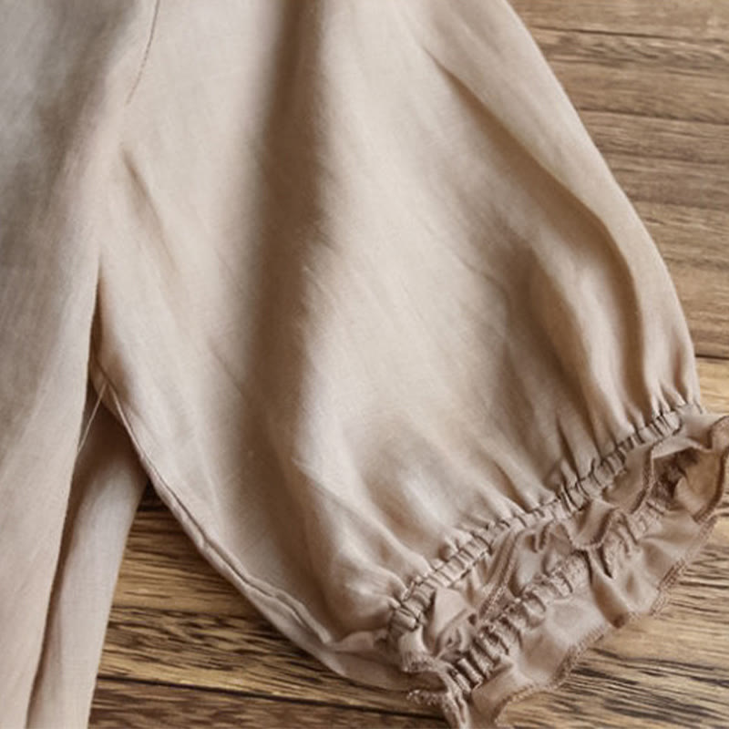 Buddha Stones Casual Embroidery Half Puff Sleeve Ruffles Crew Neck Cotton Linen Women's T-Shirt - image 10