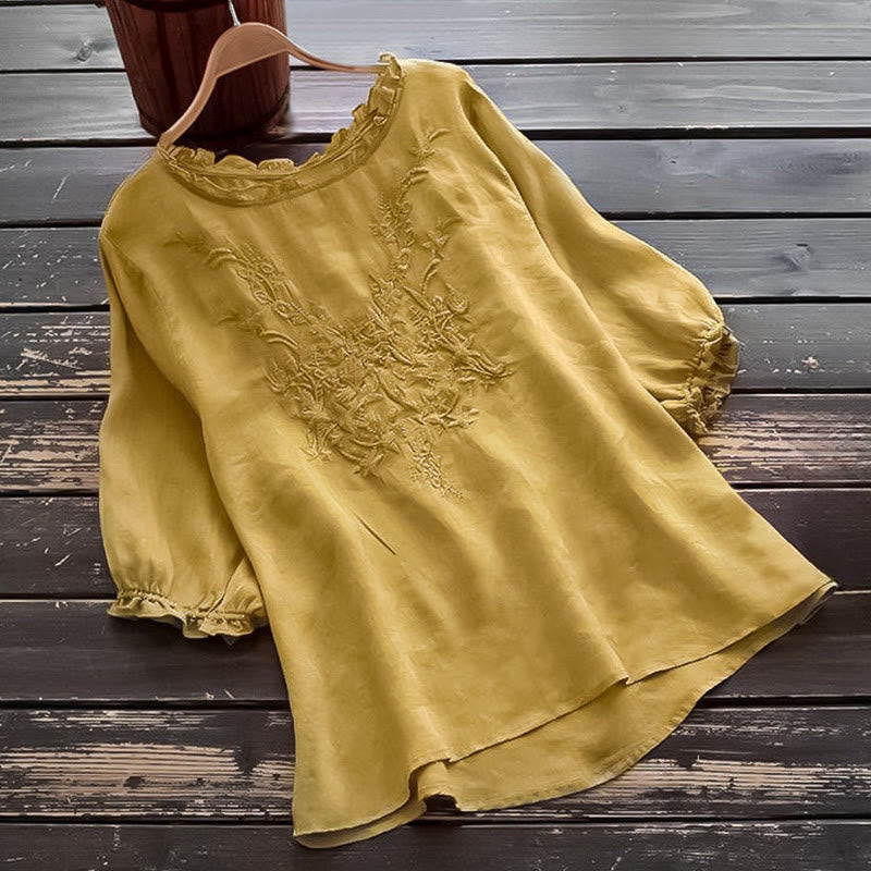 Buddha Stones Casual Embroidery Half Puff Sleeve Ruffles Crew Neck Cotton Linen Women's T-Shirt - Gold - US14，UK/AU18，EU46 (4XL) - image 12