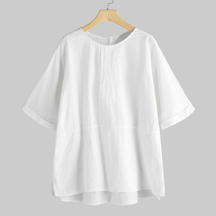 Buddha Stones Summer Casual Plain Half Sleeve Crew Neck Side Slit Women's T-Shirt - FloralWhite - US20，UK/AU24，EU52 (5XL) - image 0