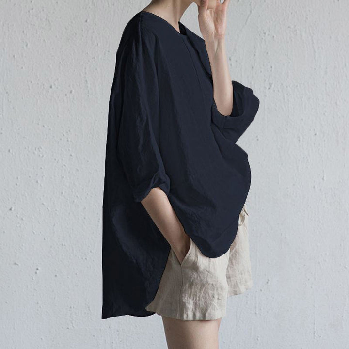 Buddha Stones Summer Casual Plain Half Sleeve Crew Neck Side Slit Women's T-Shirt - Navy - US20，UK/AU24，EU52 (5XL) - image 6