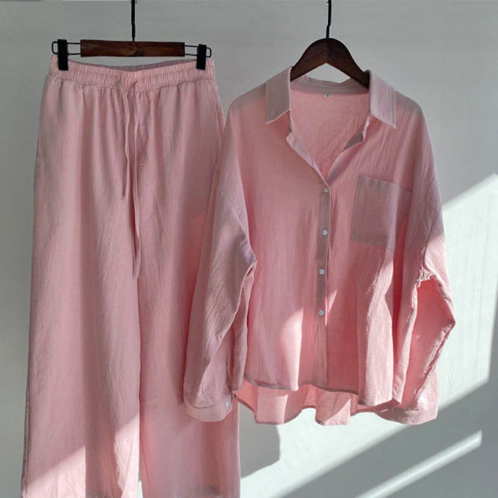 Buddha Stones 2Pcs Long Sleeve Shirt Top With Pockets Drawstring Pants Meditation Cotton Linen Clothing Women's Set
