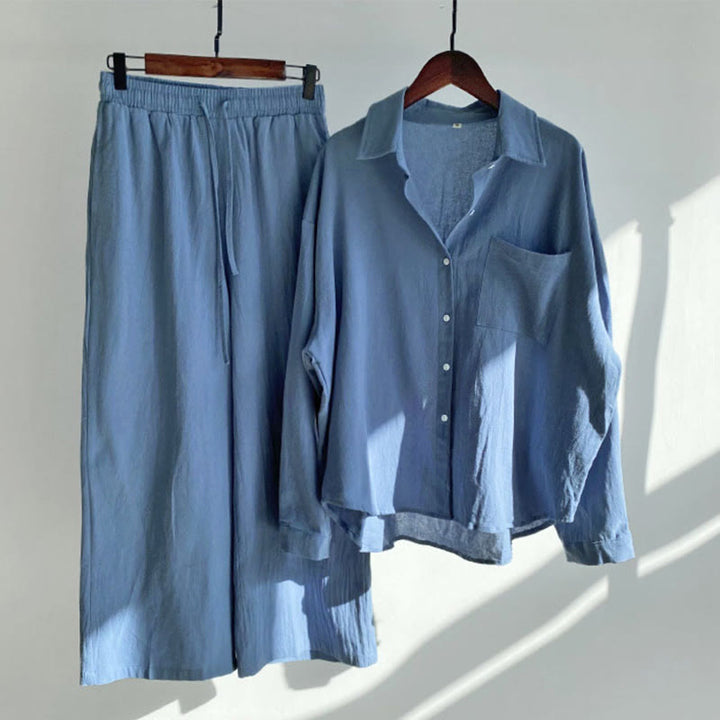 Buddha Stones 2Pcs Long Sleeve Shirt Top With Pockets Drawstring Pants Meditation Cotton Linen Clothing Women's Set