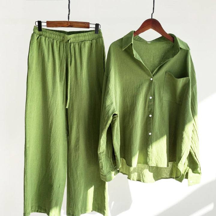 Buddha Stones 2Pcs Long Sleeve Shirt Top With Pockets Drawstring Pants Meditation Cotton Linen Clothing Women's Set