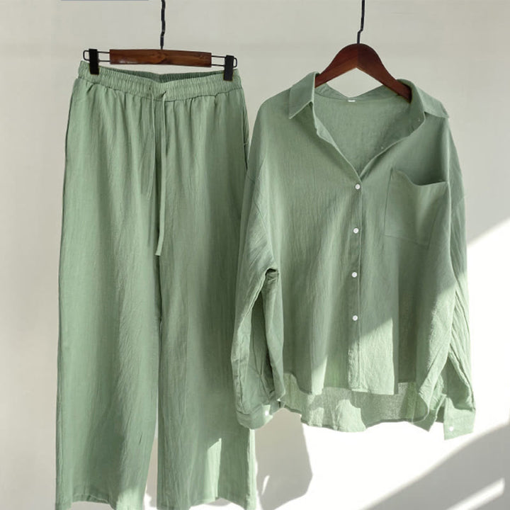 Buddha Stones 2Pcs Long Sleeve Shirt Top With Pockets Drawstring Pants Meditation Cotton Linen Clothing Women's Set