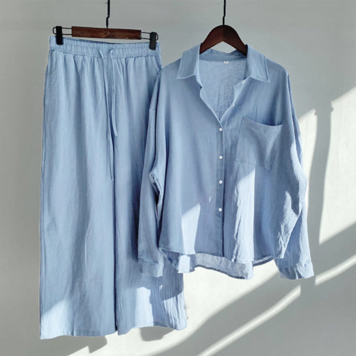 Buddha Stones 2Pcs Long Sleeve Shirt Top With Pockets Drawstring Pants Meditation Cotton Linen Clothing Women's Set