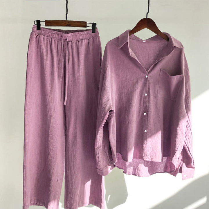 Buddha Stones 2Pcs Long Sleeve Shirt Top With Pockets Drawstring Pants Meditation Cotton Linen Clothing Women's Set