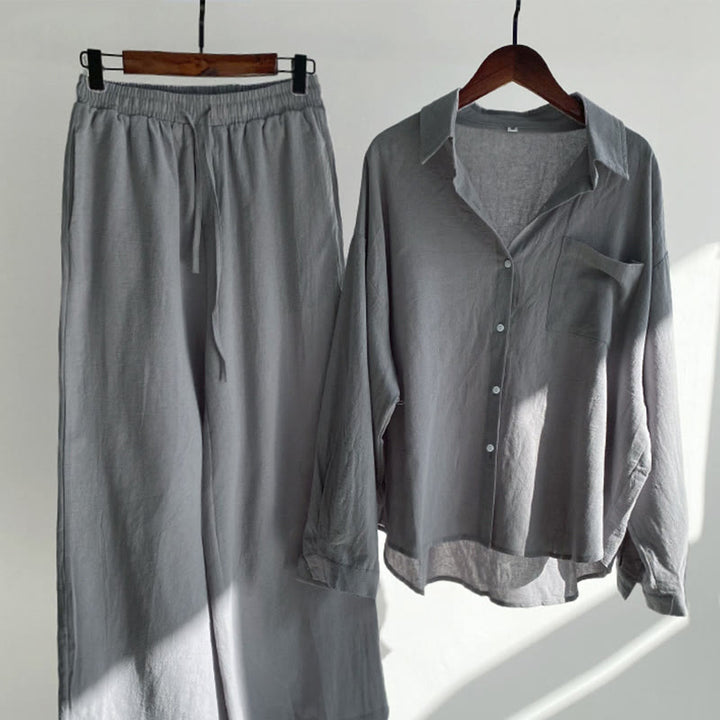 Buddha Stones 2Pcs Long Sleeve Shirt Top With Pockets Drawstring Pants Meditation Cotton Linen Clothing Women's Set