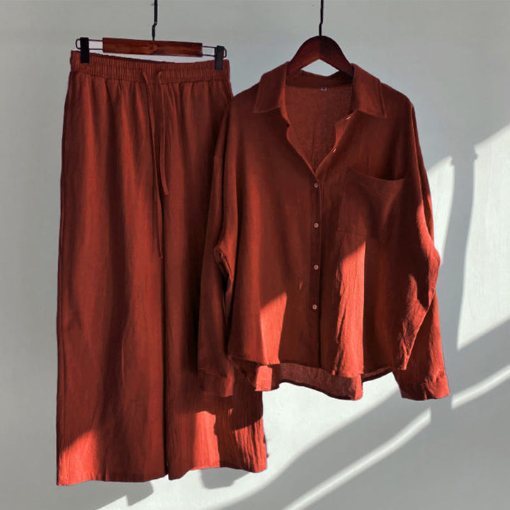 Buddha Stones 2Pcs Long Sleeve Shirt Top With Pockets Drawstring Pants Meditation Cotton Linen Clothing Women's Set