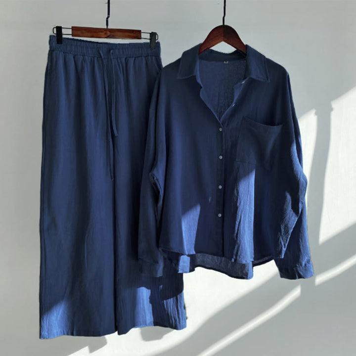 Buddha Stones 2Pcs Long Sleeve Shirt Top With Pockets Drawstring Pants Meditation Cotton Linen Clothing Women's Set