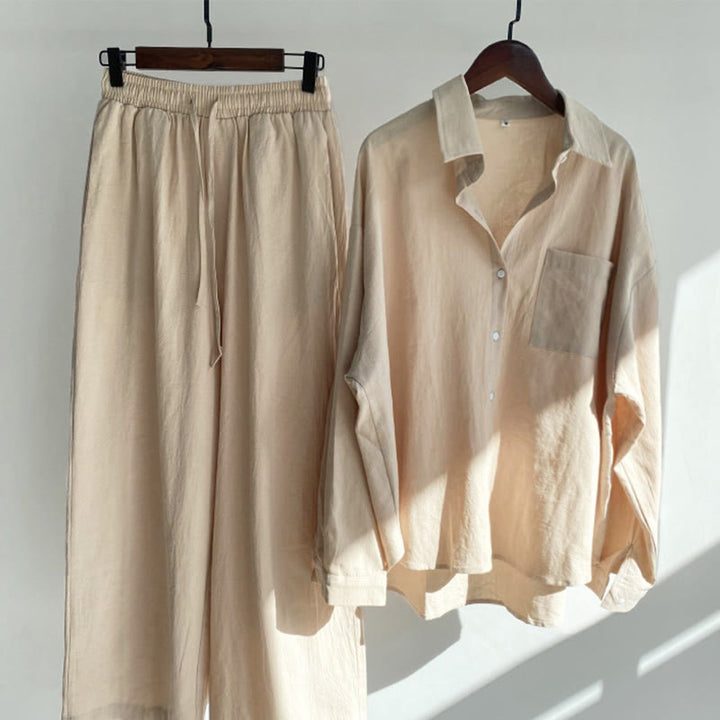 Buddha Stones 2Pcs Long Sleeve Shirt Top With Pockets Drawstring Pants Meditation Cotton Linen Clothing Women's Set