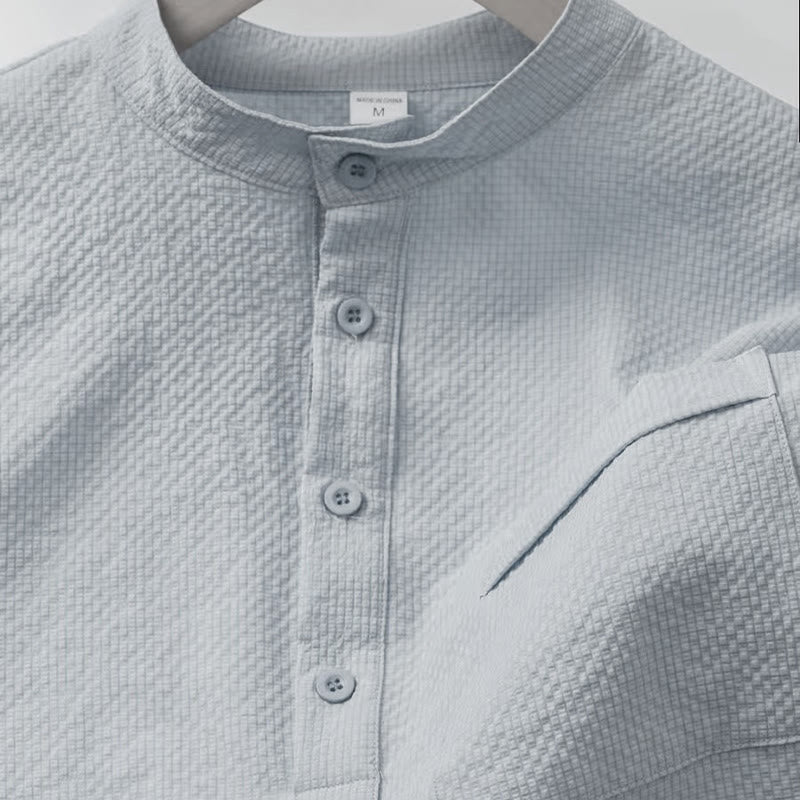 Buddha Stones Solid Color Polo Plaid Half Buttons Men's Short Sleeve Shirt - image 23