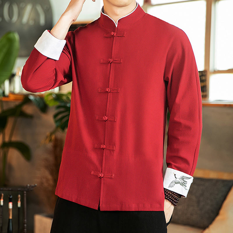 Buddha Stones Tang Suit Frog-Button Crane Embroidery Long Sleeve Cotton Men's Shirt - image 7