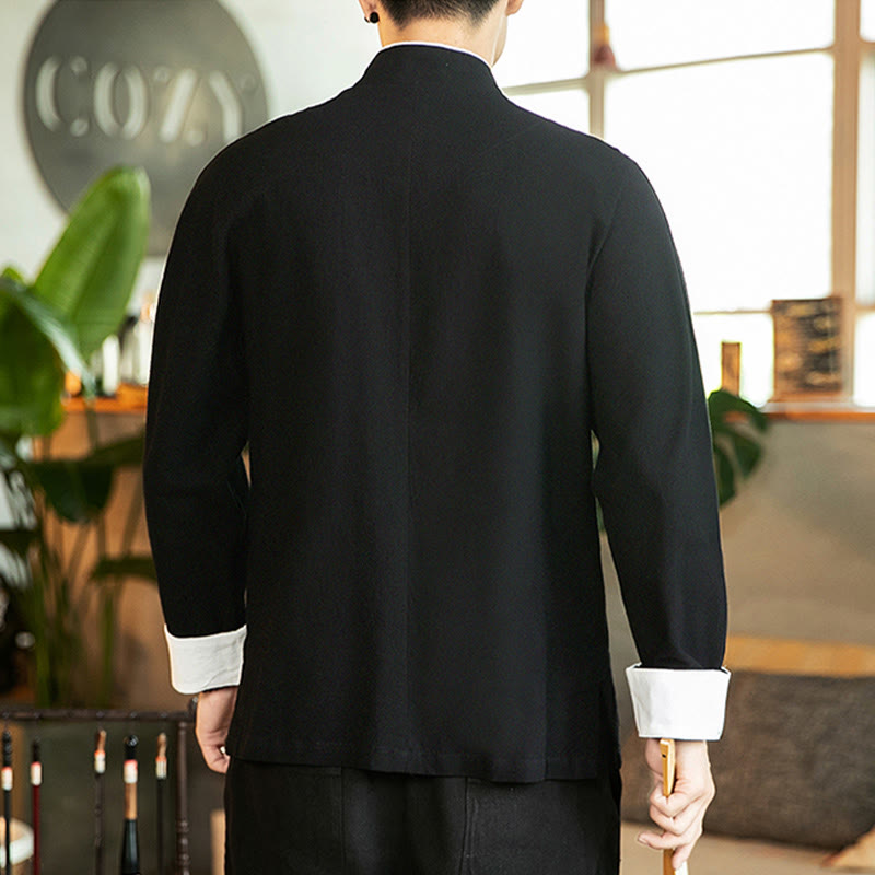 Buddha Stones Tang Suit Frog-Button Crane Embroidery Long Sleeve Cotton Men's Shirt - image 18