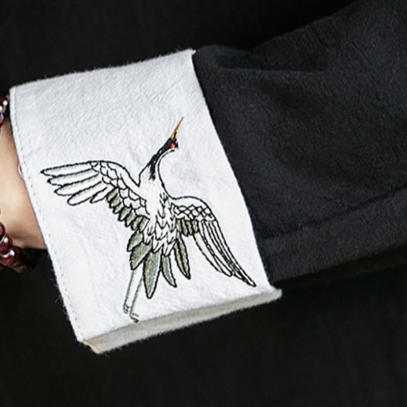 Buddha Stones Tang Suit Frog-Button Crane Embroidery Long Sleeve Cotton Men's Shirt - image 26