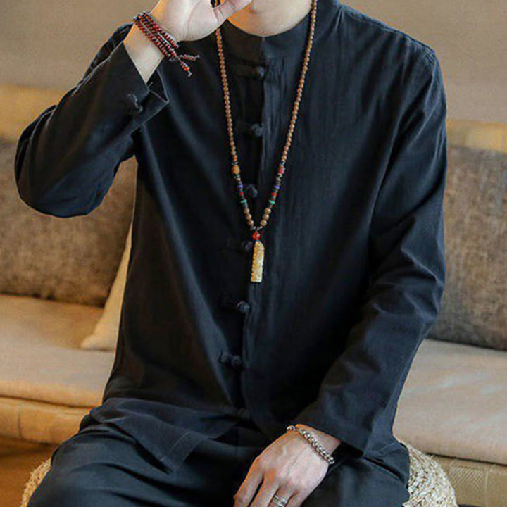 Buddha Stones Casual Stand Collar Frog-Button Long Sleeve Tang Suit Linen Men's Shirt - image 9