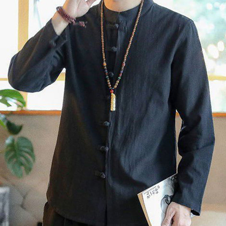 Buddha Stones Casual Stand Collar Frog-Button Long Sleeve Tang Suit Linen Men's Shirt - image 8