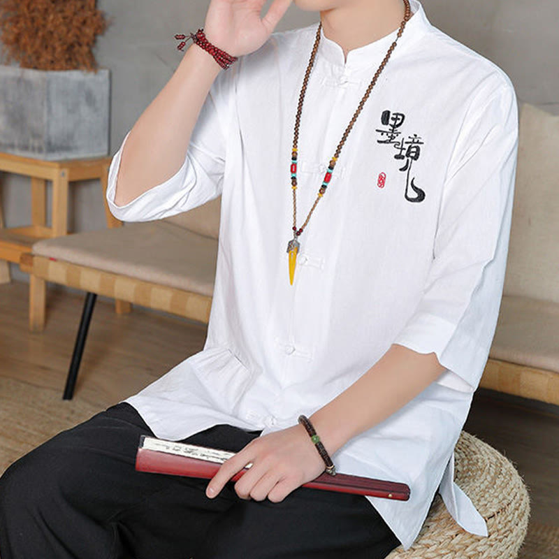 Buddha Stones Frog-Button Chinese Tang Suit Three Quarter Sleeve Cotton Linen Men's Shirt - image 10