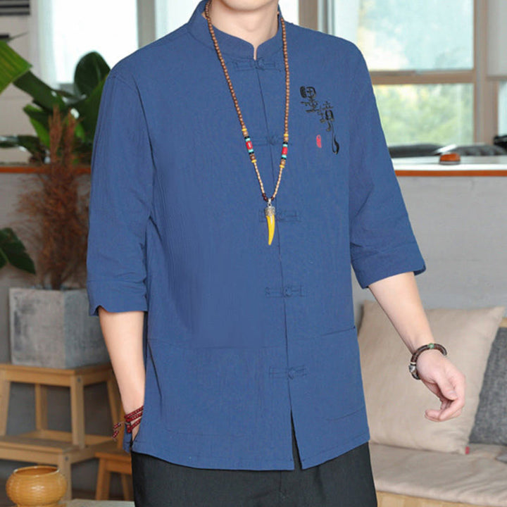 Buddha Stones Frog-Button Chinese Tang Suit Three Quarter Sleeve Cotton Linen Men's Shirt - image 24