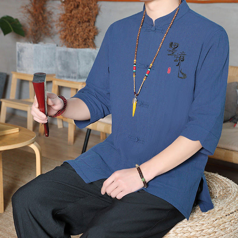 Buddha Stones Frog-Button Chinese Tang Suit Three Quarter Sleeve Cotton Linen Men's Shirt - image 26