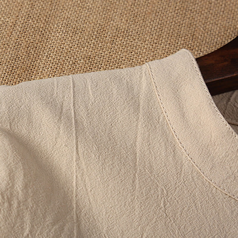 Buddha Stones 2Pcs Solid Color Frog-Button Tang Suit Cotton Linen Short Sleeve Pants Clothing Men's Set - image 6