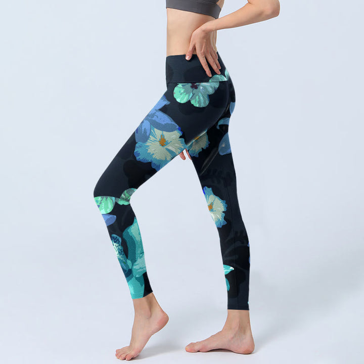 Buddha Stones Green Blue Floral Print Exercise Leggings Women's Yoga Pants - image 2