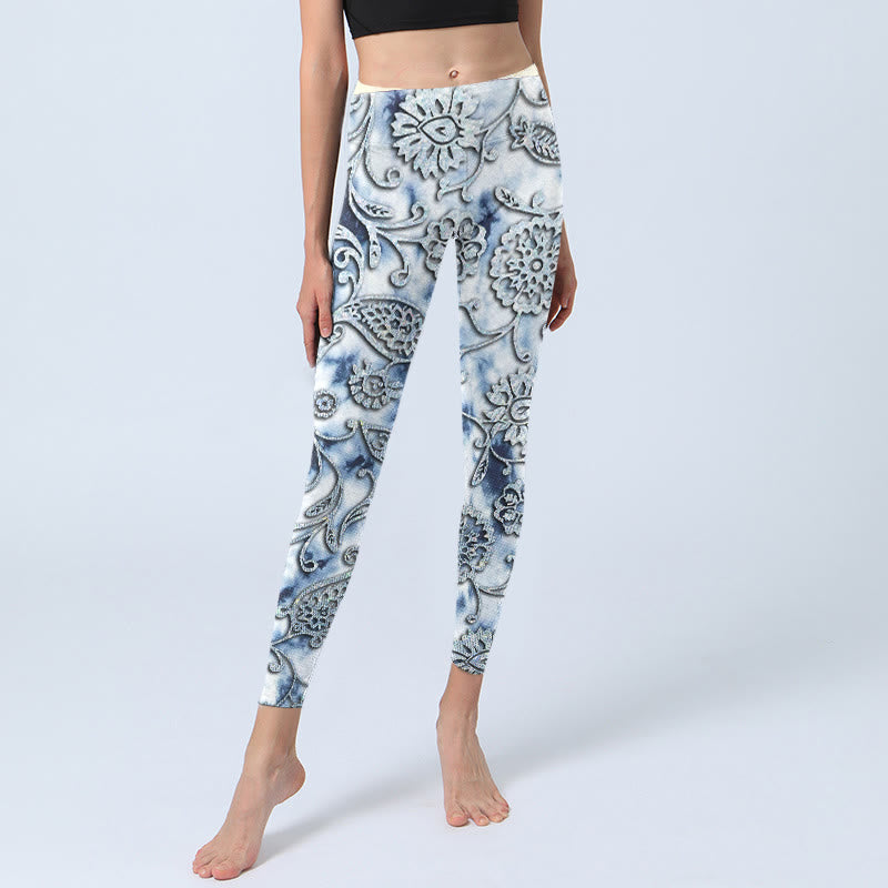 Buddha Stones White Round Flowers Print Exercise Leggings Women's Yoga Pants - image 5