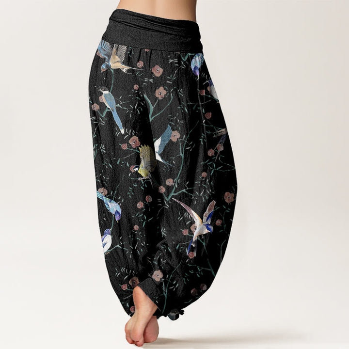 Buddha Stones Casual Bird Flowers Leaf Pattern Women's Elastic Waist Harem Pants - image 3