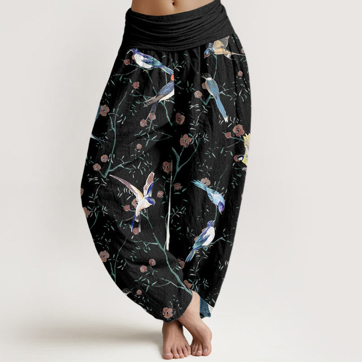 Buddha Stones Casual Bird Flowers Leaf Pattern Women's Elastic Waist Harem Pants - Black - US22，UK/AU26，EU54 (6XL) - image 1