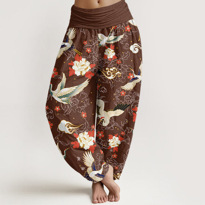 Buddha Stones Casual Red-Crowned Crane Peony Flower Cherry Blossom Pattern Women's Elastic Waist Harem Pants - SaddleBrown - US22，UK/AU26，EU54 (6XL) - image 5
