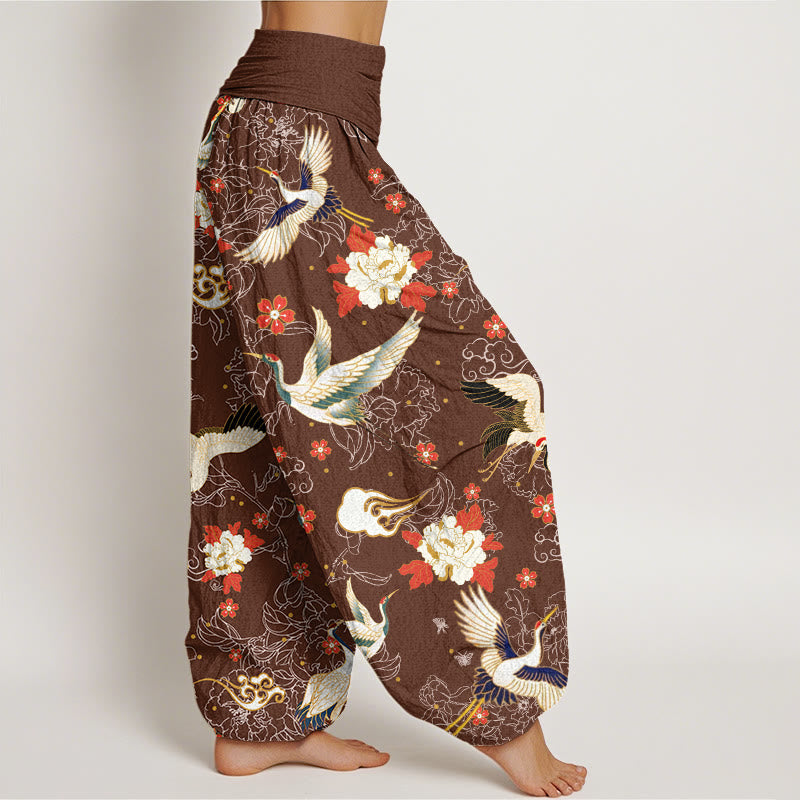 Buddha Stones Casual Red-Crowned Crane Peony Flower Cherry Blossom Pattern Women's Elastic Waist Harem Pants - image 6
