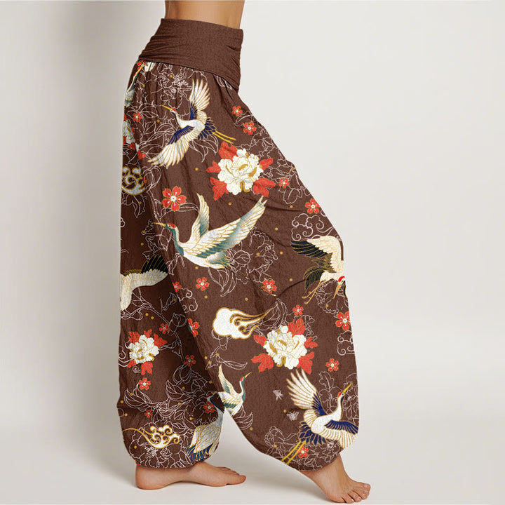 Buddha Stones Casual Red-Crowned Crane Peony Flower Cherry Blossom Pattern Women's Elastic Waist Harem Pants - image 6
