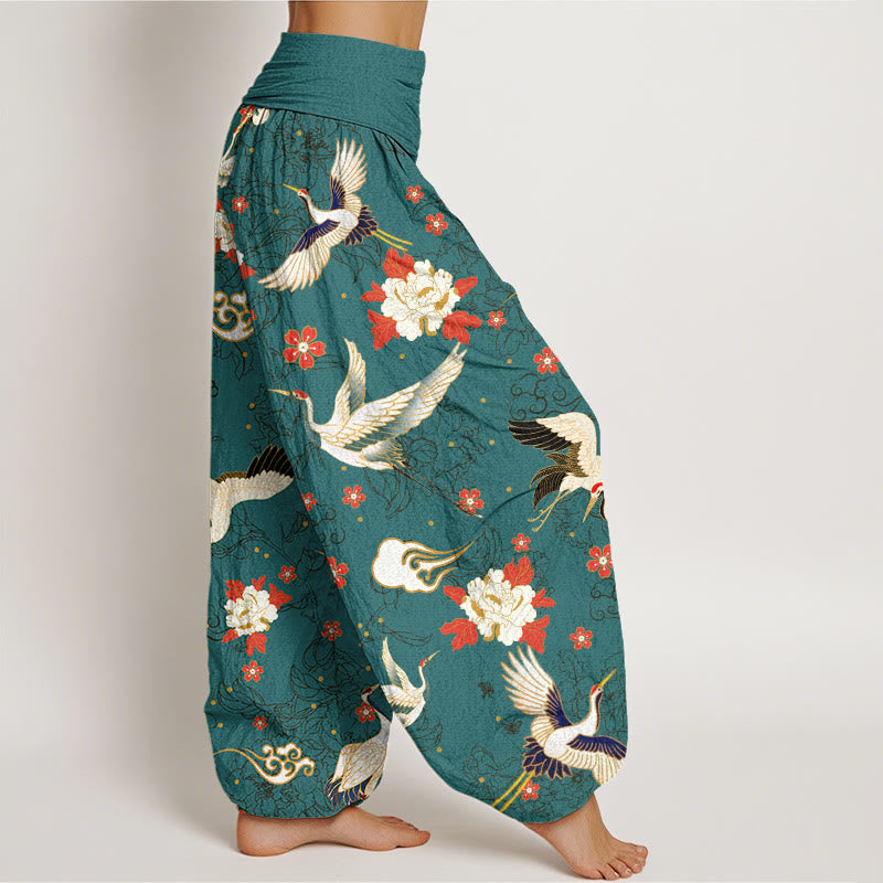 Buddha Stones Casual Red-Crowned Crane Peony Flower Cherry Blossom Pattern Women's Elastic Waist Harem Pants - image 9
