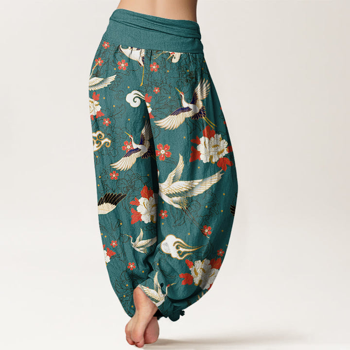 Buddha Stones Casual Red-Crowned Crane Peony Flower Cherry Blossom Pattern Women's Elastic Waist Harem Pants - image 10