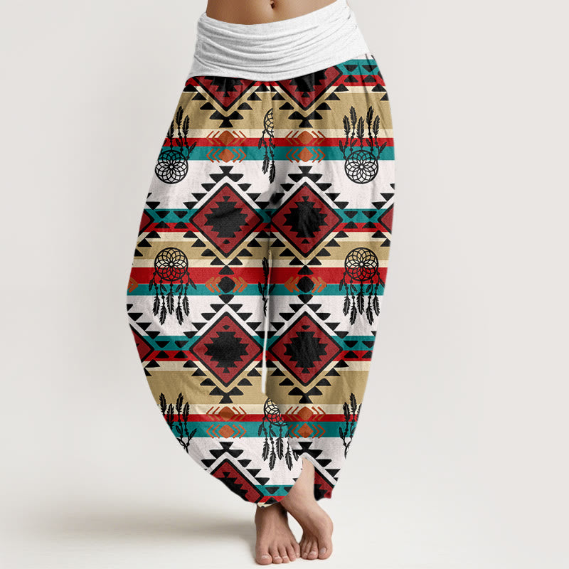 Buddha Stones Casual Symmetrical Dream Catcher Navajo Textile Style Pattern Women's Elastic Waist Harem Pants - GhostWhite - US22，UK/AU26，EU54 (6XL) - image 5